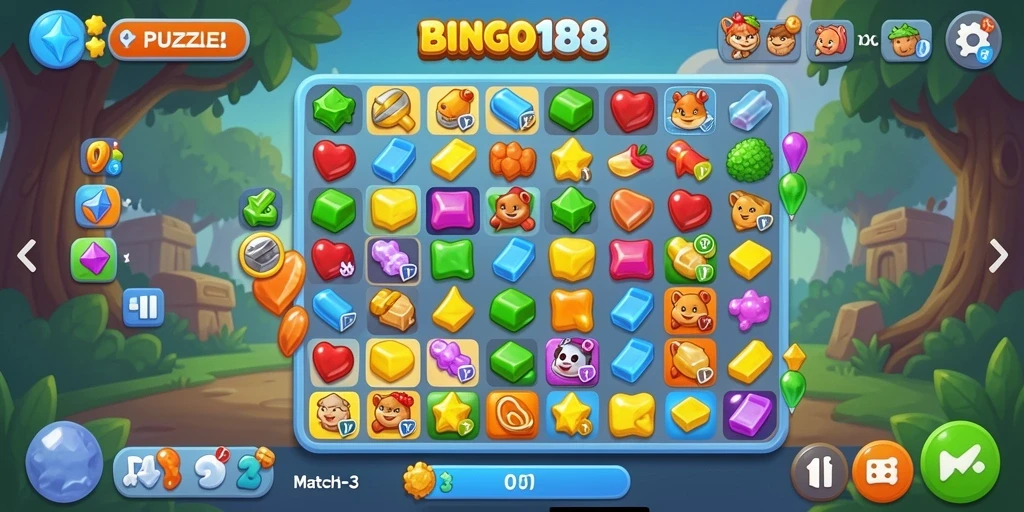 Screenshot menampilkan antarmuka menarik game Puzzle Match-3.