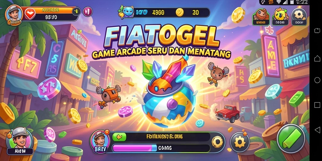 Screenshot antarmuka FIATOGEL dengan desain permainan Arcade yang menarik.