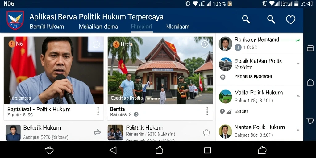 Antarmuka aplikasi N06 menampilkan berita politik dan hukum yang informatif.