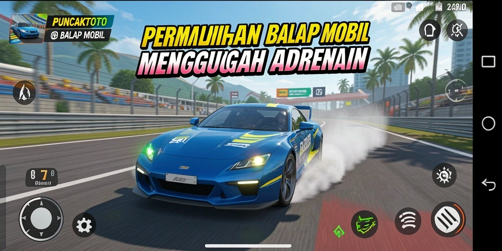 Antarmuka permainan PUNCAKTOTO dengan trek balap yang dinamis.